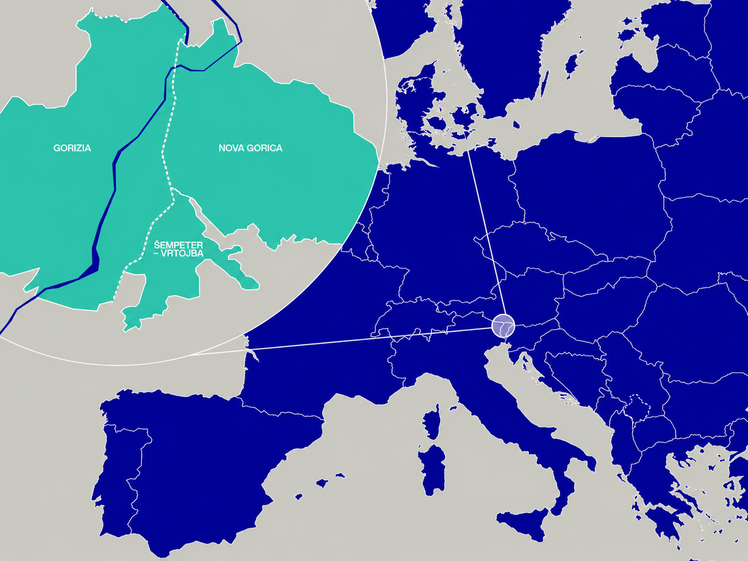 Italiano: Mappa blu dell’Europa con riquadro su Gorizia, Nova Gorica e Šempeter-Vrtojba, tra Italia e Slovenia Slovenščina: Modri zemljevid Evrope z izsekom Gorice, Nove Gorice in Šempetra-Vrtojbe,med Italiajo in Slovenijo